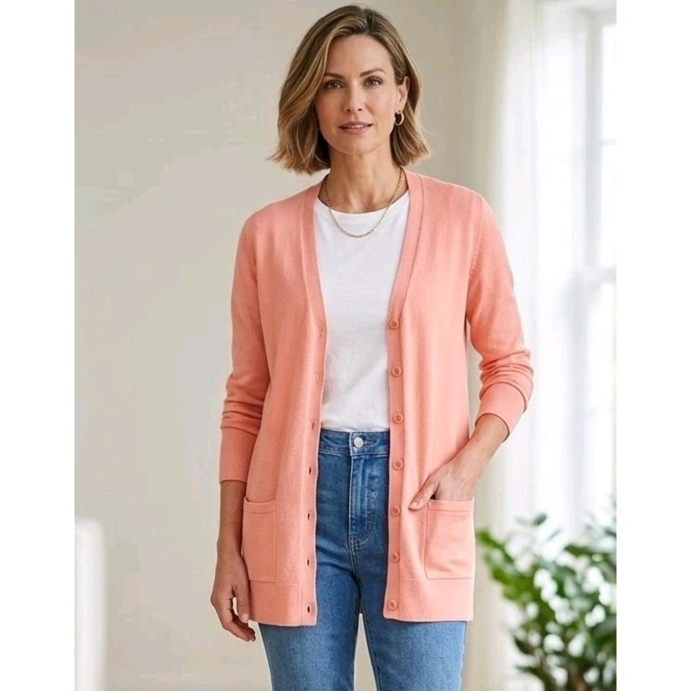 Chadwicks Salmon Pink Longline Cardigan Pockets V-neck Sweater Soft Girl Large
